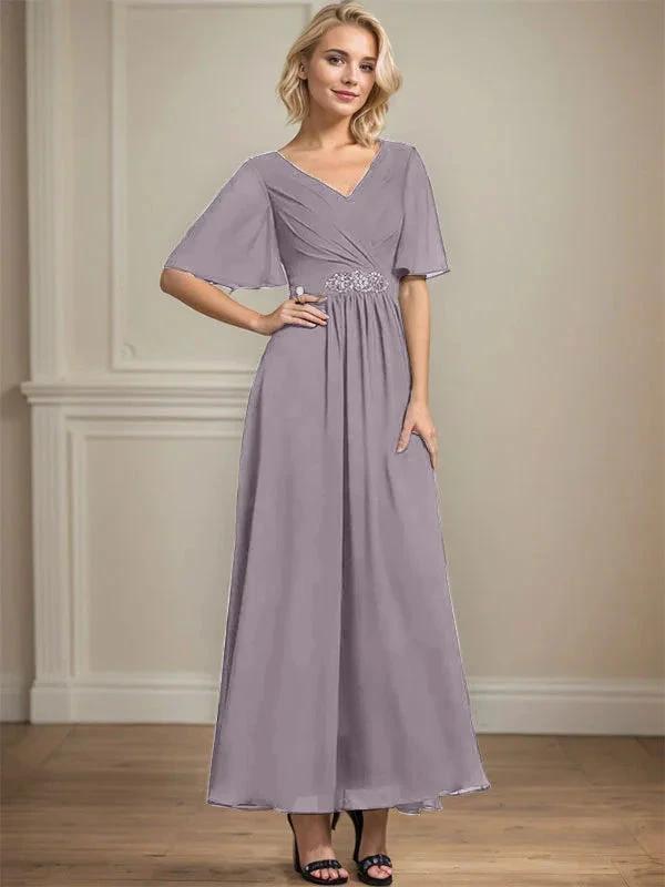 A-line V-Neck Ankle-Length Chiffon Mother of the Bride Dress With Pleated Beading Sequins by Dreamylily