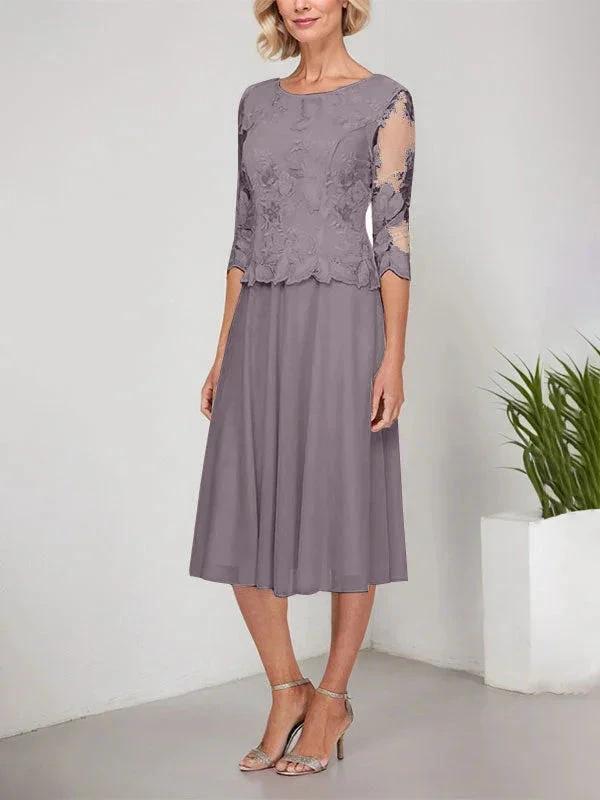 A-line Scoop Tea-Length Lace Chiffon Mother of the Bride Dress With Embroidery by Dreamylily