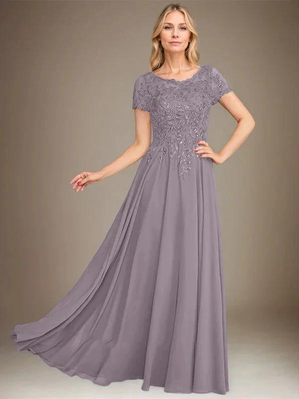 A-Line Scoop Floor-Length Chiffon Mother of the Bride Dress With Applique &amp; Sequins by Dreamylily