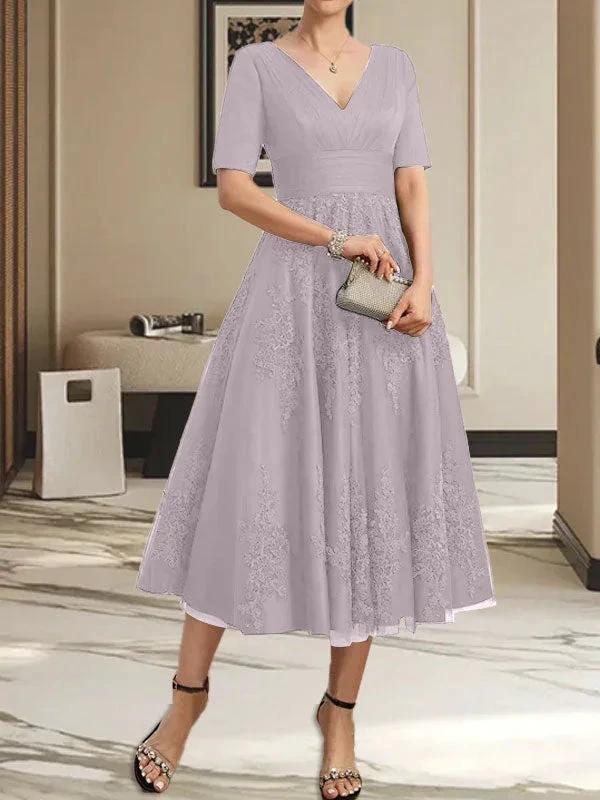 A-line V-Neck Tea-Length Tulle Lace Mother of the Bride Dress With Pleated by Dreamylily