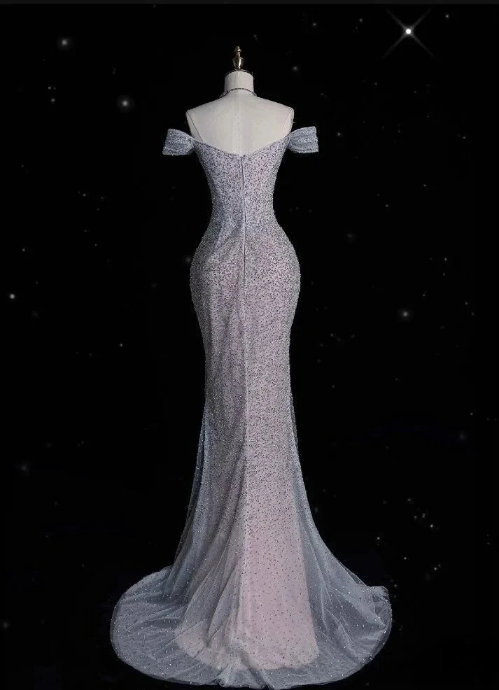 Sparkly Lilac Tulle Beaded Mermaid Off The Shoulder Evening Dress Long Prom Dress Y8054 by simplepromdress