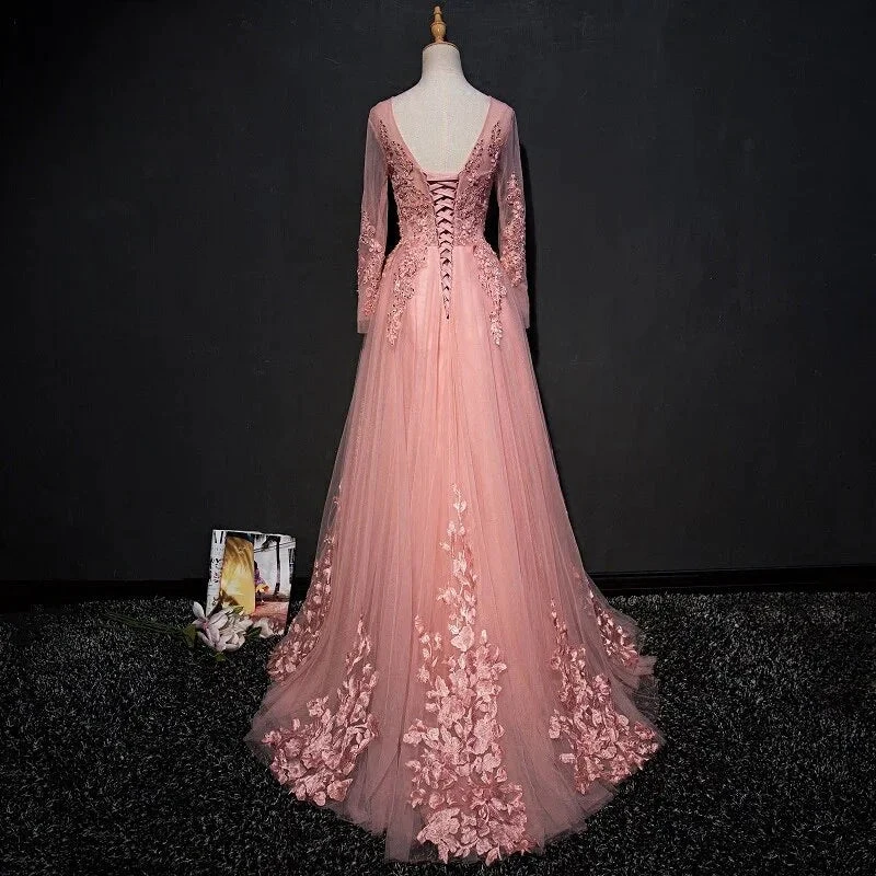 CHIC A-LINE SCOOP FLOOR LENGTH PINK TULLE APPLIQUE PROM DRESS EVENING DRESS Y1177 by simplepromdress
