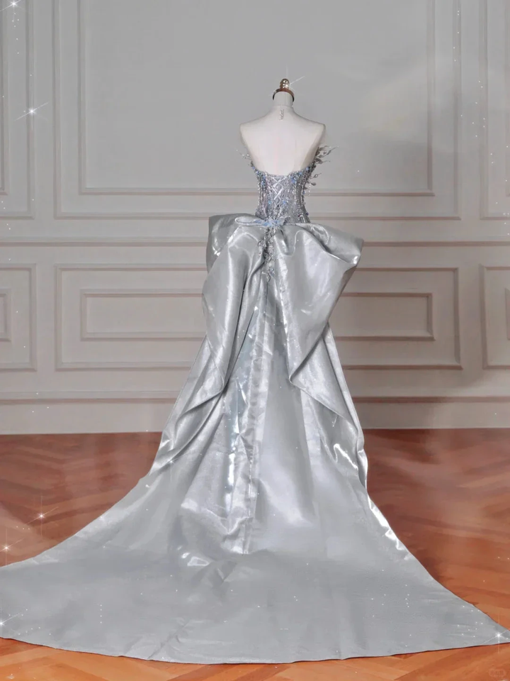 Luxury Silver Sequin 3D Beaded Mermaid Evening Dress Long Prom Dress With Bow Y8640 by simplepromdress