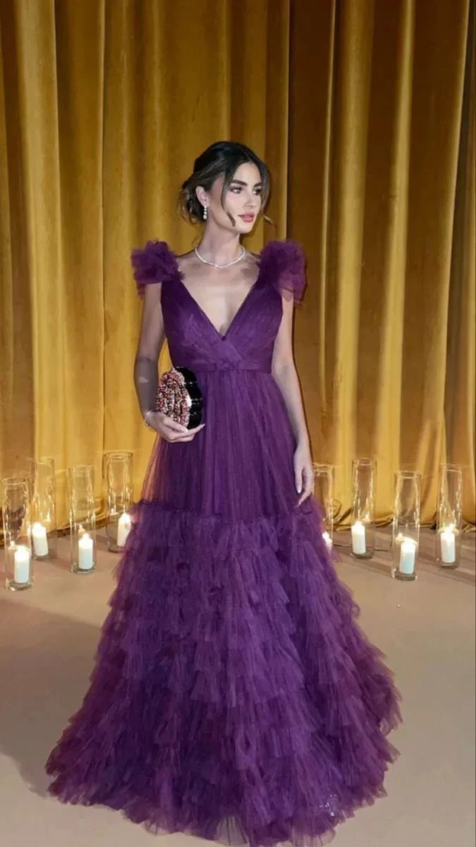 Sexy Purple Tulle Layered Ruffles Prom Dress A Line Long Evening Dress Y8225 by simplepromdress
