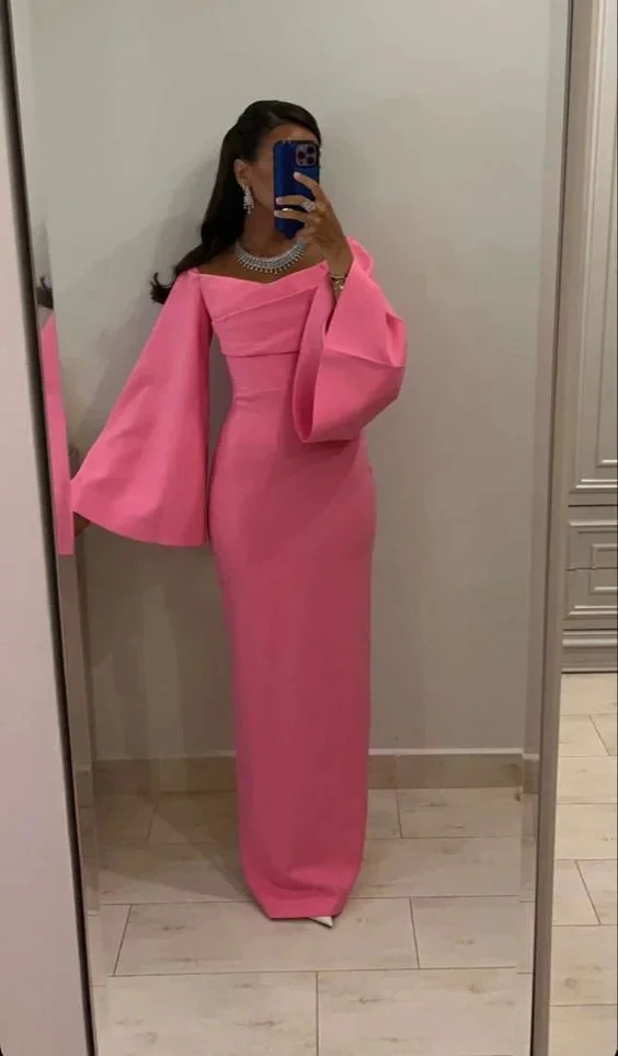 Pink Sheath/Column Evening Gown Long Sleeves Pink Prom Dress Y6039 by simplepromdress