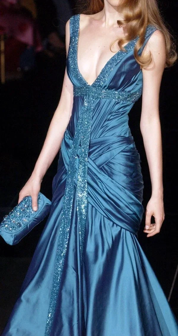Sexy Blue Sequins Satin Ruched Evening Dress Long Mermaid Prom Dress Y8315 by simplepromdress