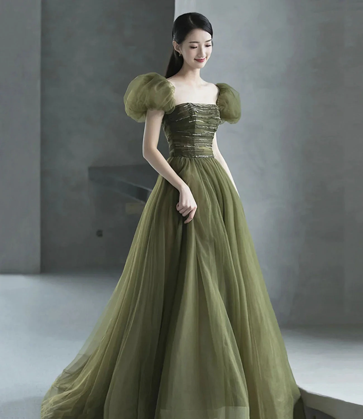 Green tulle long prom dress green evening dress Y623 by simplepromdress