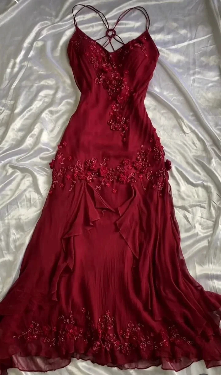 Charming Red Beaded Appliques Prom Dress Long Chiffon Evening Dress Y7732 by simplepromdress