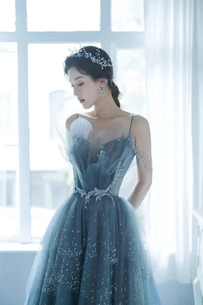 Blue Tulle Beaded Long A-Line Prom Dress, Blue Formal Evening Gown Y1579 by simplepromdress