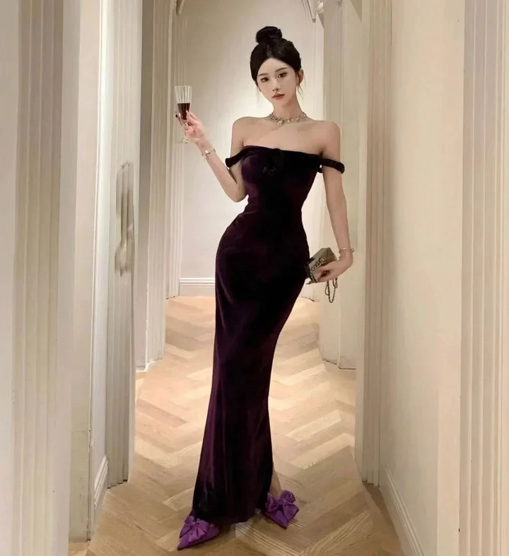 Elegant Velvet Long Sheath Prom Dress Purple Off Shoulder Slit Party Evening Gown Y8131 by simplepromdress