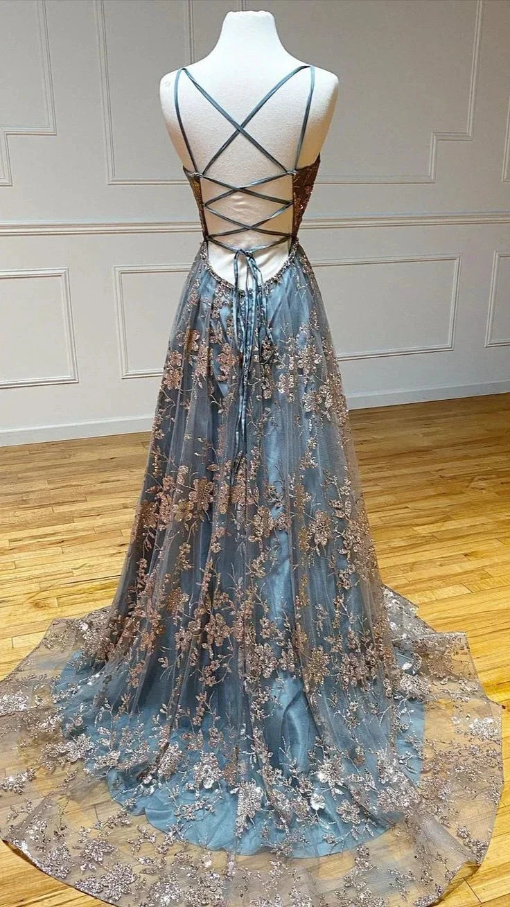 A-Line V Neck Tulle Sequin Long Prom Dress Backless Long Evening Dresses Y5620 by simplepromdress