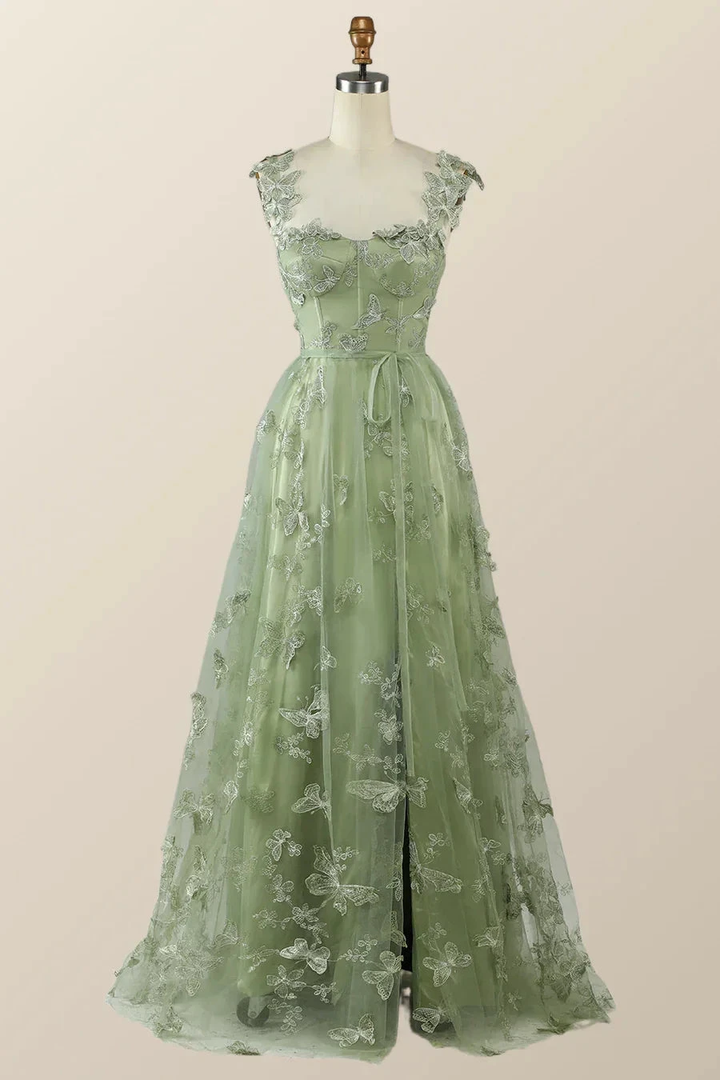 Sage Green Butterfly A-line Long Formal Dress Evening Dress Y2801 by simplepromdress