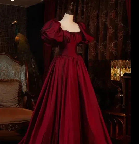 Wine Red Short Sleeves Floor Length Long Evening Dresses, Ball Gown Formal Dresses Y6973 by simplepromdress