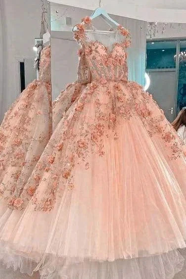Blush Pink Flowers Applique Ball Gown,A Line Tulle Prom Dresses,Quinceanera Dresses Y388 by simplepromdress