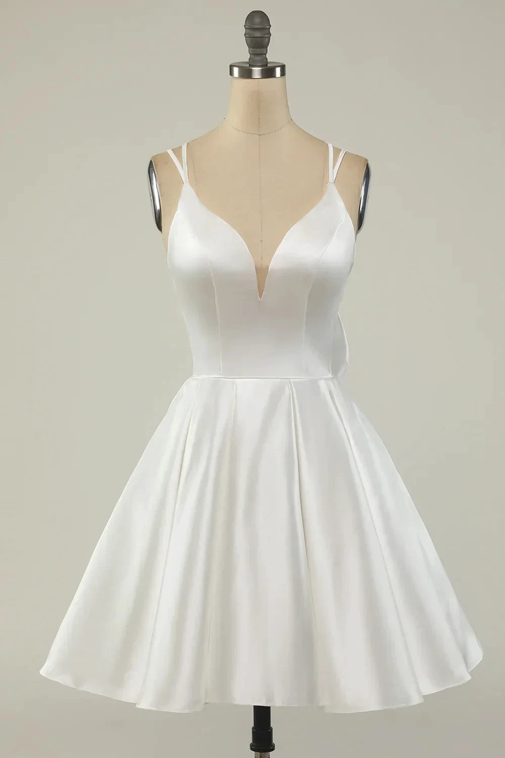 White Satin A-line Graduation Dress White Short Homecoming Dress Y1849 by simplepromdress