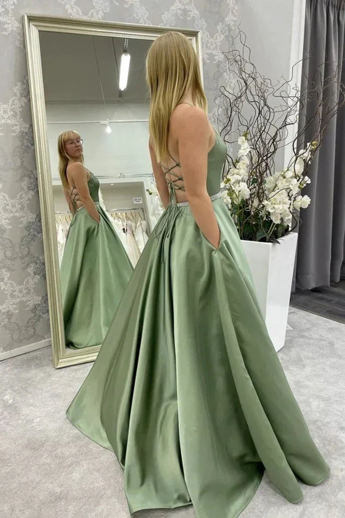 A Line Backless Green Satin Long Prom Dress, Backless Green Formal Graduation Evening Dress Y221 by simplepromdress