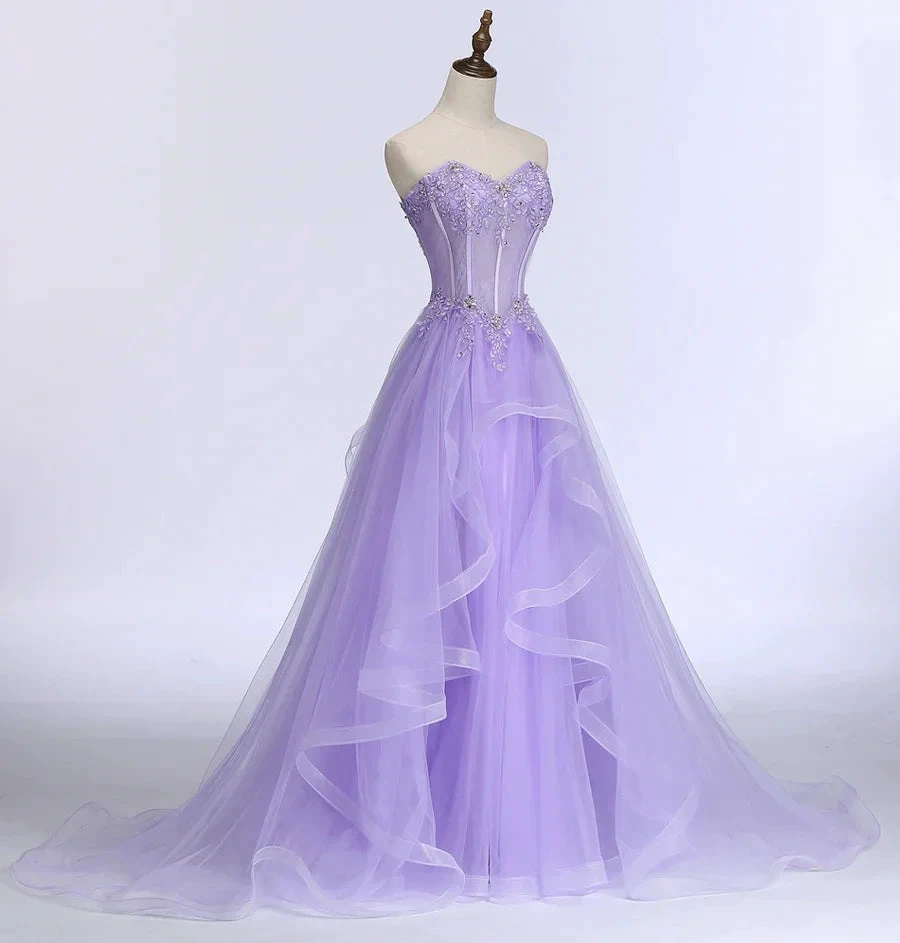 New Sweet Banquet Light Purple Lace Long Evening Dress The Bride Elegant Strapless A-line Prom Formal Party Gown Y1845 by simplepromdress