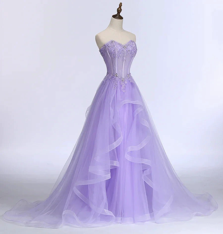 New Sweet Banquet Light Purple Lace Long Evening Dress The Bride Elegant Strapless A-line Prom Formal Party Gown Y1845 by simplepromdress