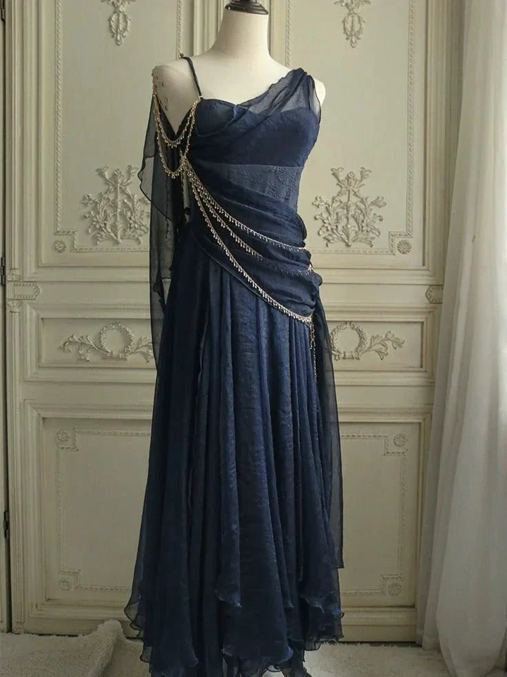 Vintage Navy Blue Chiffon A Line Prom Dress Evening Dress Y8292 by simplepromdress