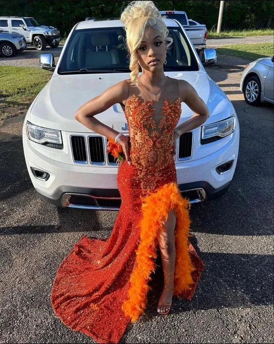 Beaded Sheath Formal Dresses With Slit Orange Shiny Sequins Evening Dress Y6514 by simplepromdress