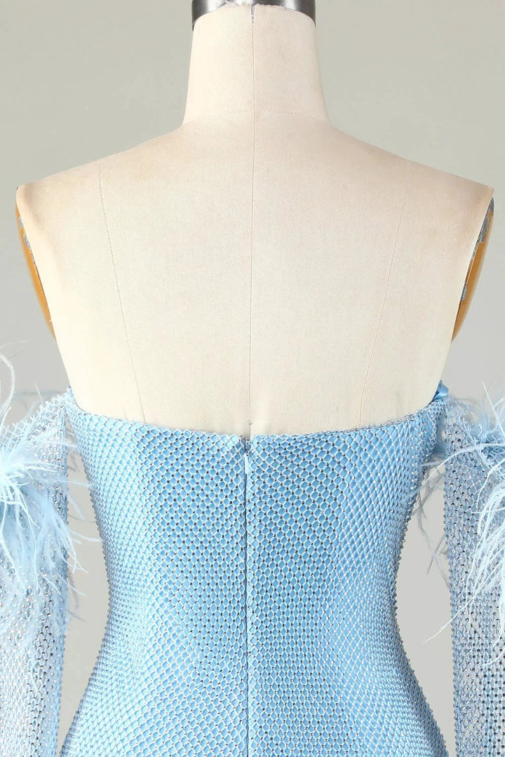 Blue Tight Beaded Short Homecoming Dress With Detachable Sleeves by WEDTREND