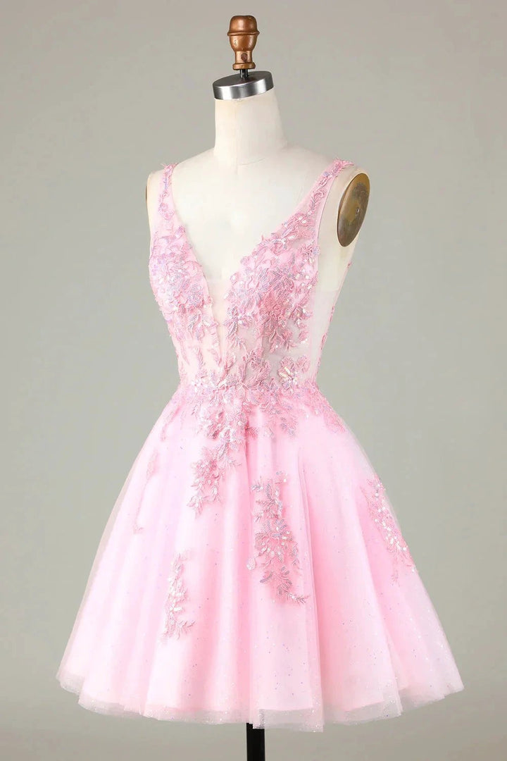 Cute Pink Glitter Sequin Short Backless Homecoming Dress with Appliques by WEDTREND
