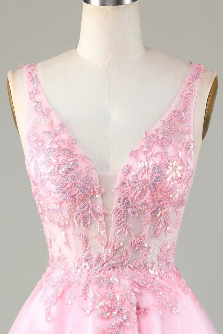 Cute Pink Glitter Sequin Short Backless Homecoming Dress with Appliques by WEDTREND