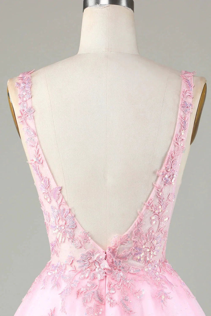 Cute Pink Glitter Sequin Short Backless Homecoming Dress with Appliques by WEDTREND