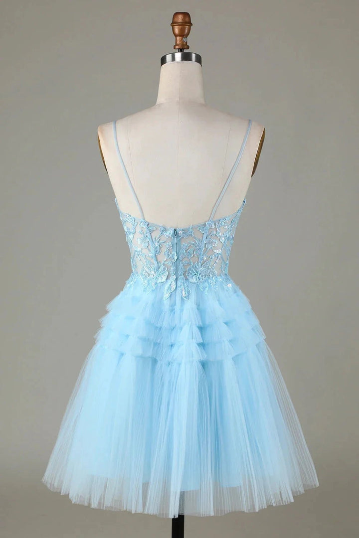 Cute A Line Spaghetti Straps Glitter Blue Short Homecoming Dress with Appliques by WEDTREND