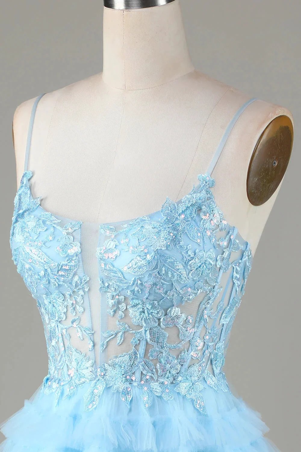 Cute A Line Spaghetti Straps Glitter Blue Short Homecoming Dress with Appliques by WEDTREND