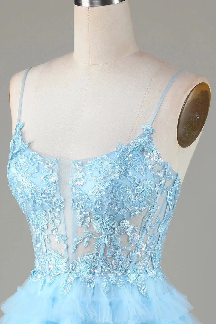 Cute A Line Spaghetti Straps Glitter Blue Short Homecoming Dress with Appliques by WEDTREND