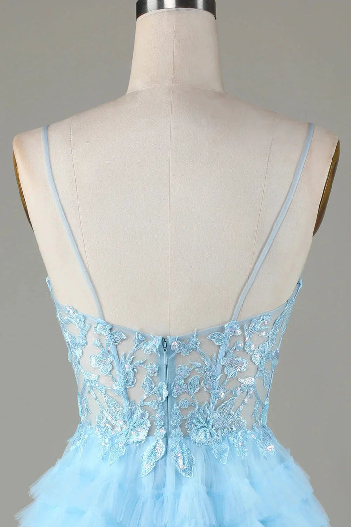 Cute A Line Spaghetti Straps Glitter Blue Short Homecoming Dress with Appliques by WEDTREND