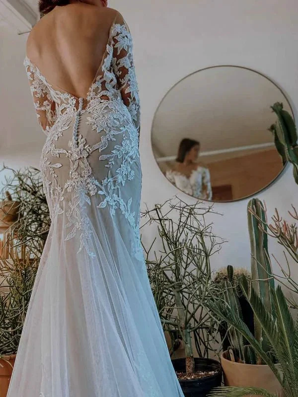 White Wedding Dress Illusion Neckline Long Sleeves Backless Natural Waist Lace With Train Long Bridal Mermaid Dress Y101 by simplepromdress