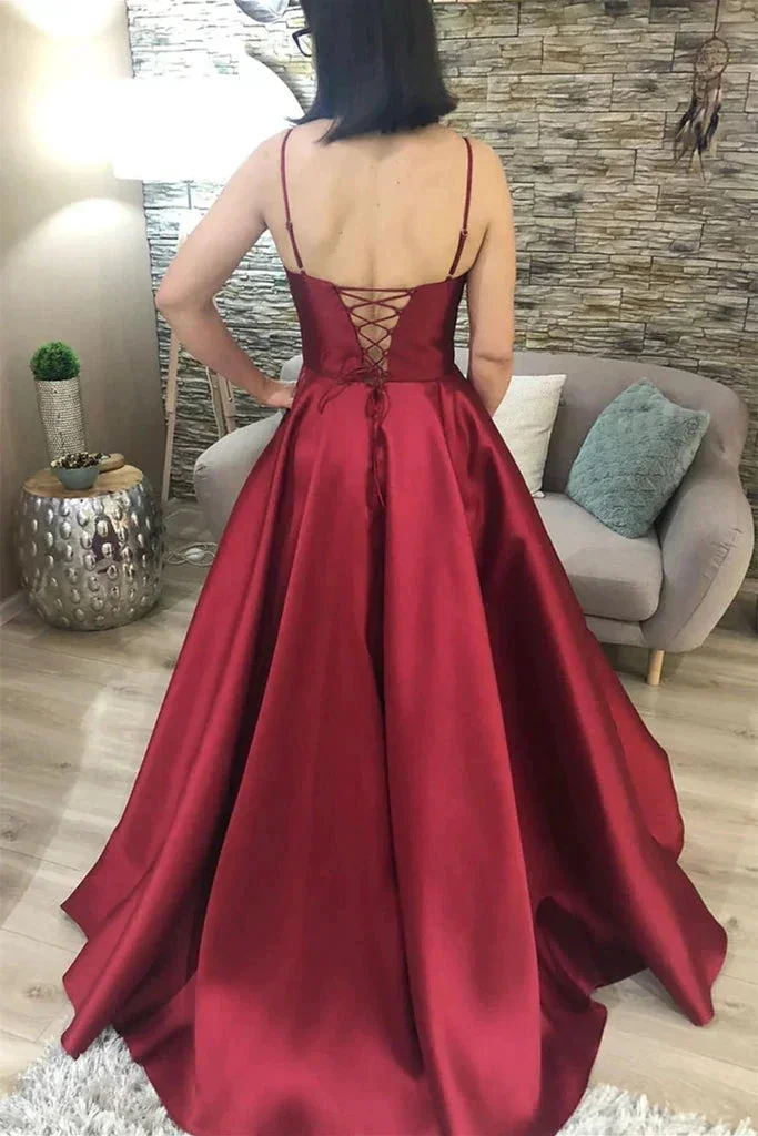 V Neck Open Back Burgundy Satin Long Prom Dress, V Neck Burgundy Formal Graduation Evening Dress Y210 by simplepromdress