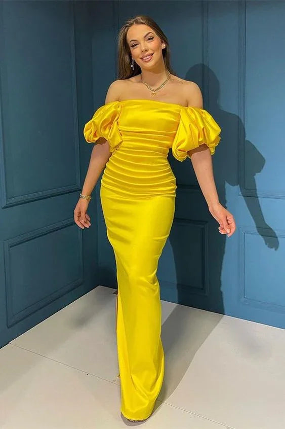Woman in off shoulder yellow satin evening gown with puff sleeves, ZAPDRESS fashion