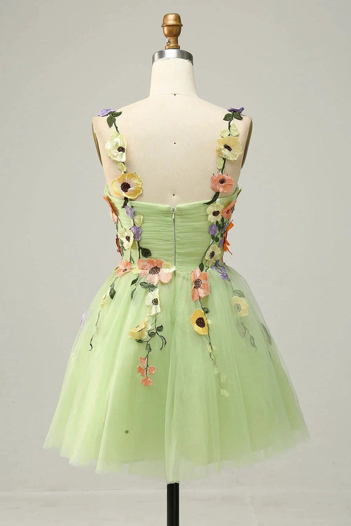Champagne A Line Spaghetti Straps Short Homecoming Dress with Appliques by WEDTREND