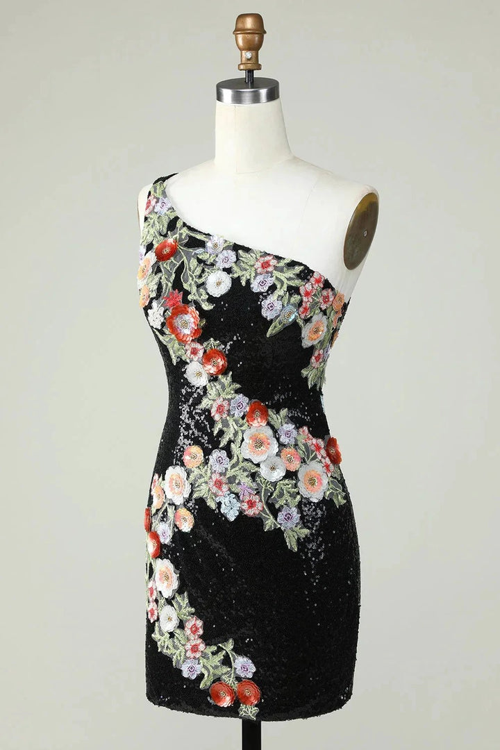 Bodycon One Shoulder Black Sequin Beading Homecoming Dress with 3d Flowers by WEDTREND