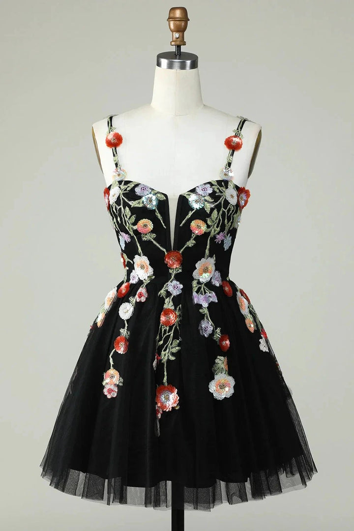Black A Line Spaghetti Straps Sequin Homecoming Dress with Flowers by WEDTREND