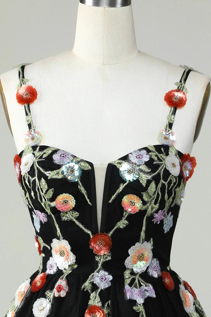 Black A Line Spaghetti Straps Sequin Homecoming Dress with Flowers by WEDTREND