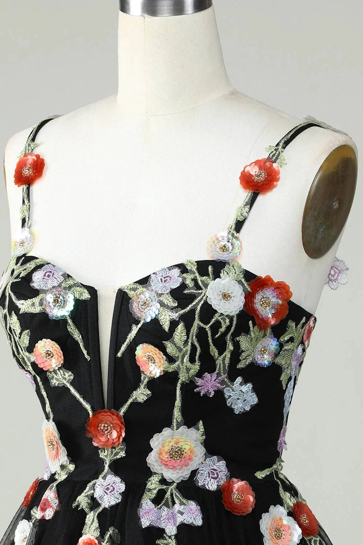 Black A Line Spaghetti Straps Sequin Homecoming Dress with Flowers by WEDTREND