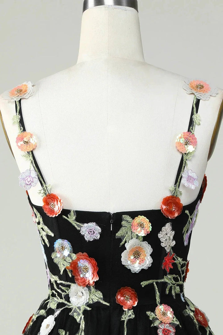 Black A Line Spaghetti Straps Sequin Homecoming Dress with Flowers by WEDTREND