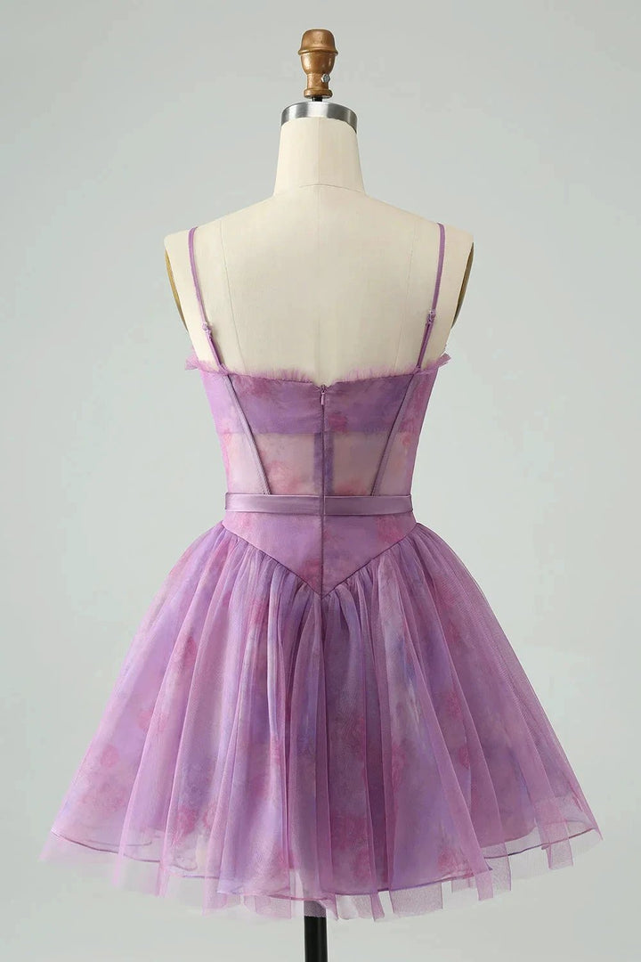 Cute Purple A Line Spaghetti Straps Print Corset Short Homecoming Dress by WEDTREND