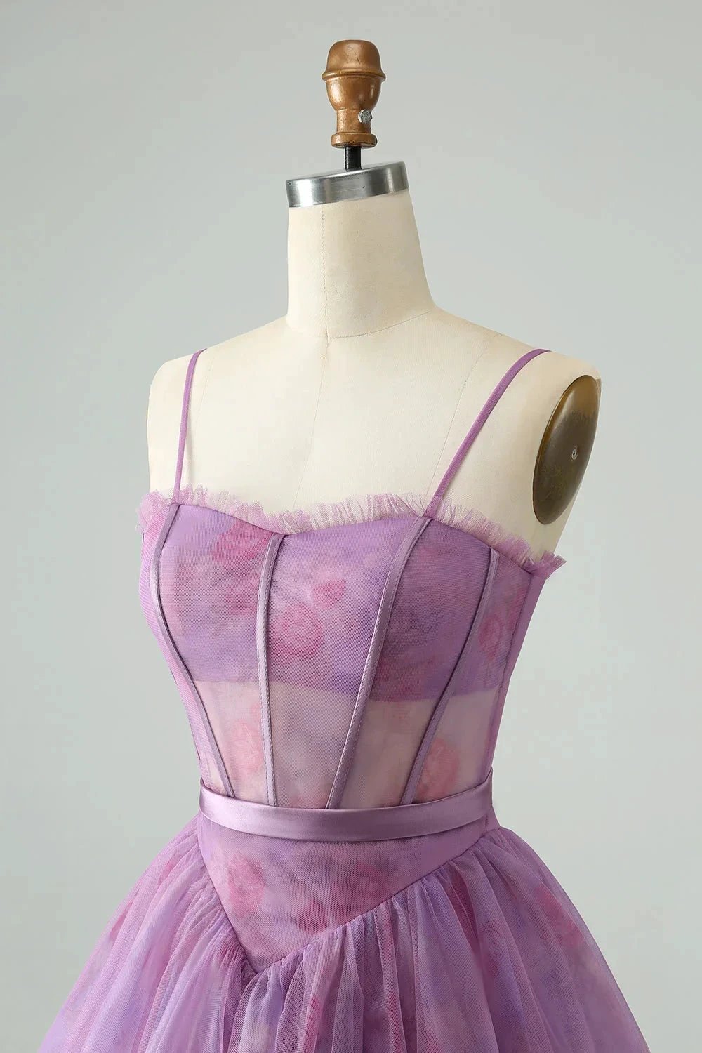 Cute Purple A Line Spaghetti Straps Print Corset Short Homecoming Dress by WEDTREND