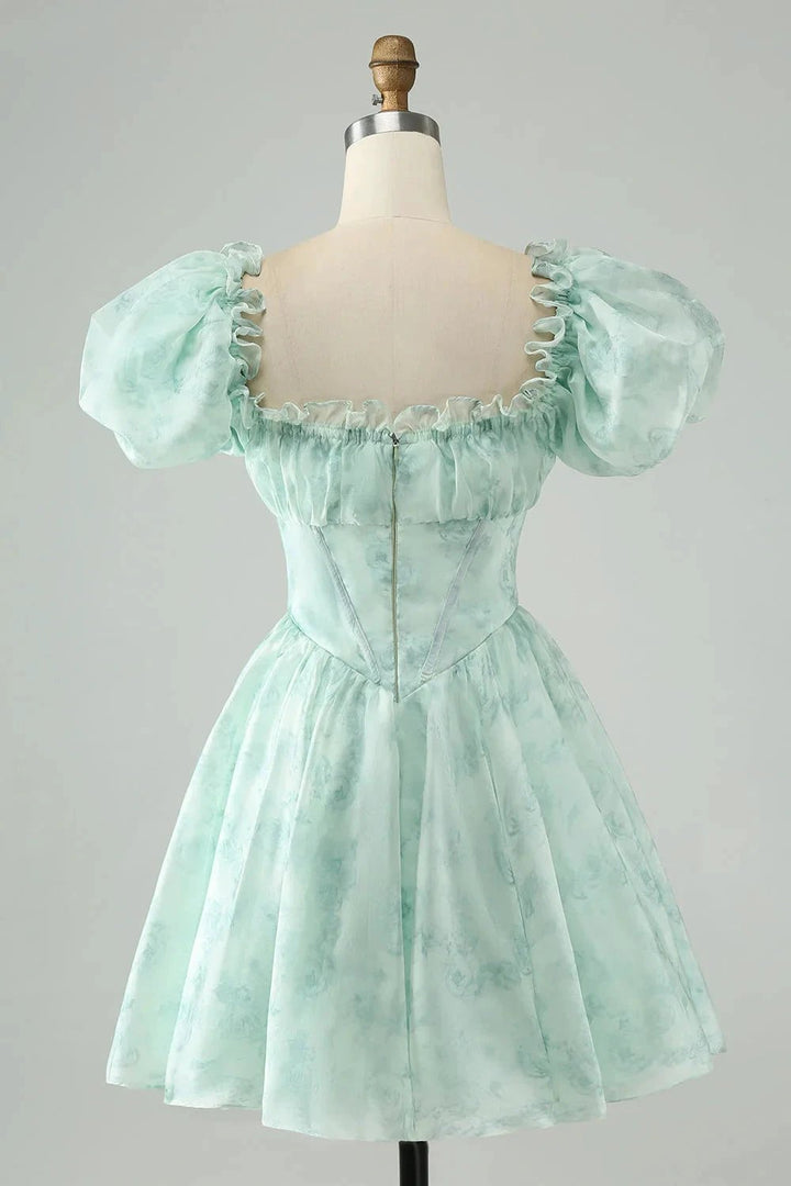 Cute Light Green A Line Square Neck Floral Short Homecoming Dress with Ruffles by WEDTREND