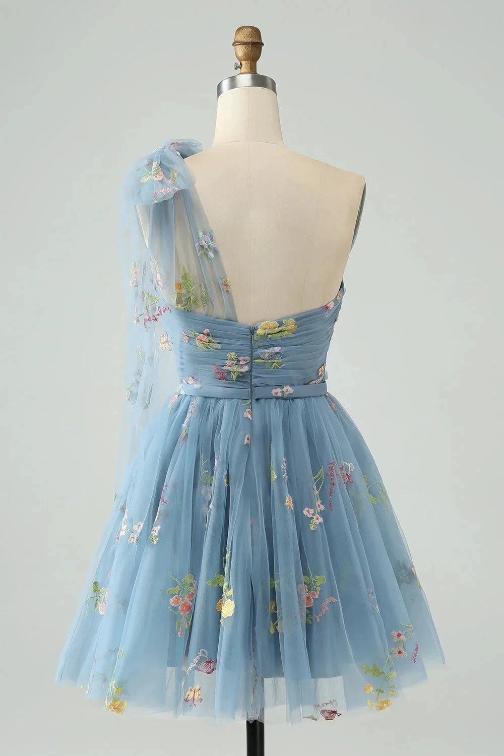 A Line One Shoulder Grey Blue Tulle Homecoming Dress with Floral Embroidery by WEDTREND