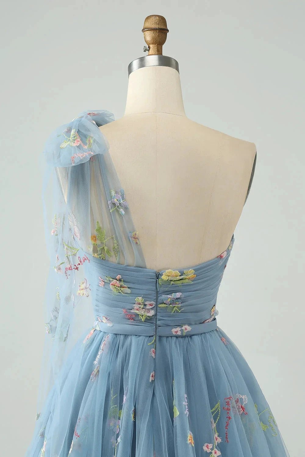 A Line One Shoulder Grey Blue Tulle Homecoming Dress with Floral Embroidery by WEDTREND