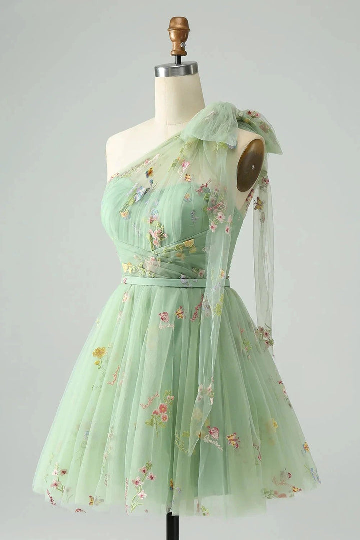 A Line One Shoulder Grey Blue Tulle Homecoming Dress with Floral Embroidery by WEDTREND