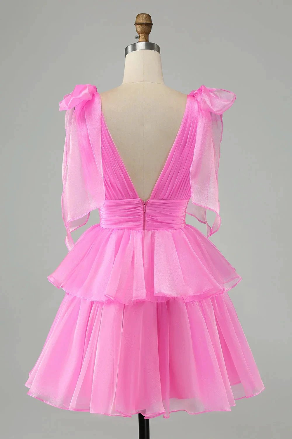 Cute Hot Pink A Line V Neck Backless Pleated Tiered Short Homecoming Dress by WEDTREND