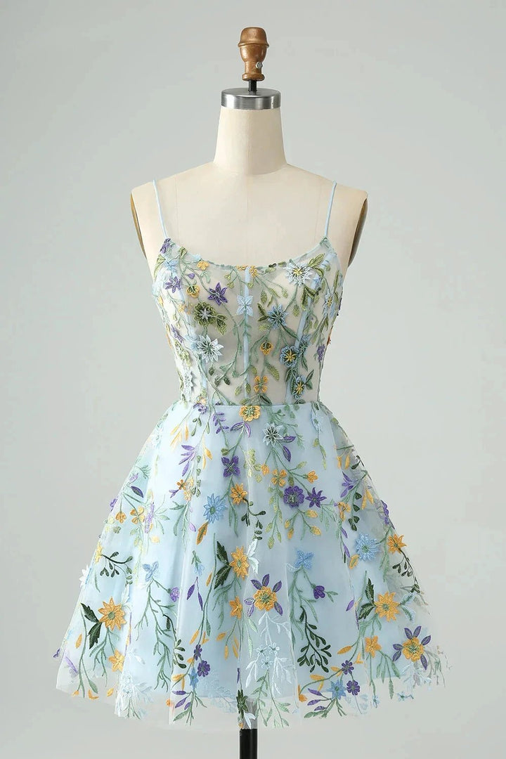 Blue Flower A Line Spaghetti Straps Corset Short Homecoming Dress with Embroidery by WEDTREND