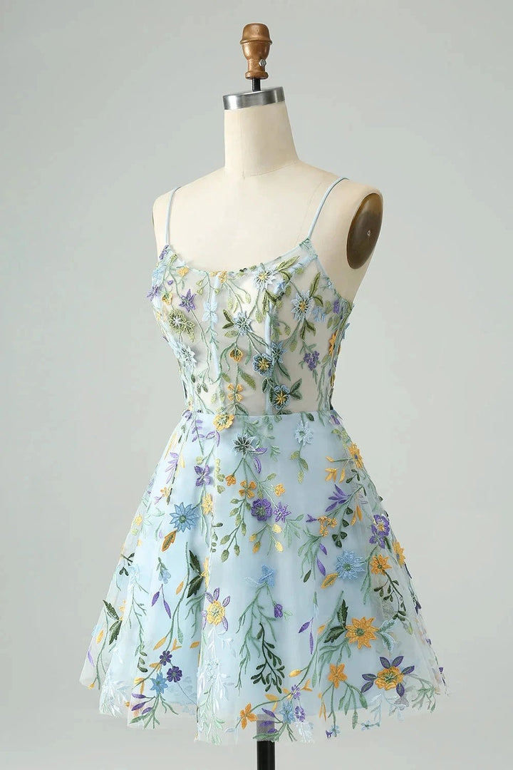 Blue Flower A Line Spaghetti Straps Corset Short Homecoming Dress with Embroidery by WEDTREND